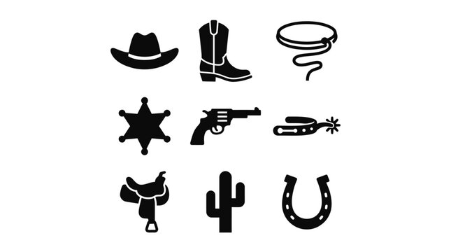Western Cowboy Wild West Glyph Icon Set. Black Solid Symbols Collection for American Frontier Themes and Ranching Graphics.