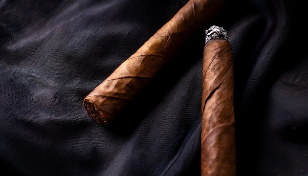 hand rolled cigar on black cloth rich tobacco leaf texture evening bar ambience ambience night