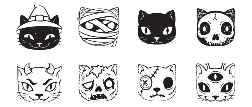 Halloween cat icons set. Spooky feline character collection for holiday design projects.
