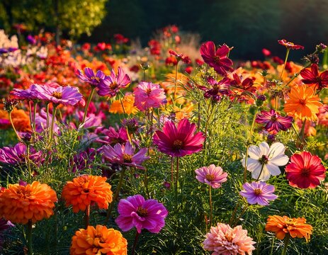 colorful mix of zinnias and cosmos blooming together colorful garden