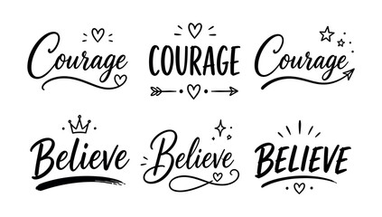 Collection of handwritten typography for the words Courage and Believe © UnIcons