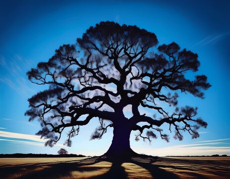 silhouette of a majestic oak tree against a bright blue sky beautiful graphic design