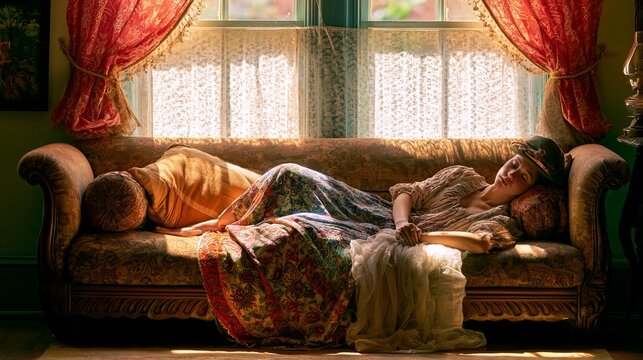 Lady rests on a sofa inside her house.