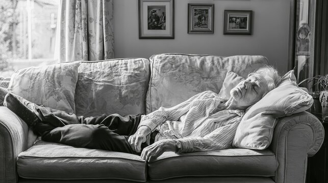 Lady rests on a sofa inside her house.