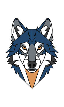 Geometric wolf head portrait composed of sharp triangular polygons and clean black lines with bold flat color blocks on a solid white background animal art concept