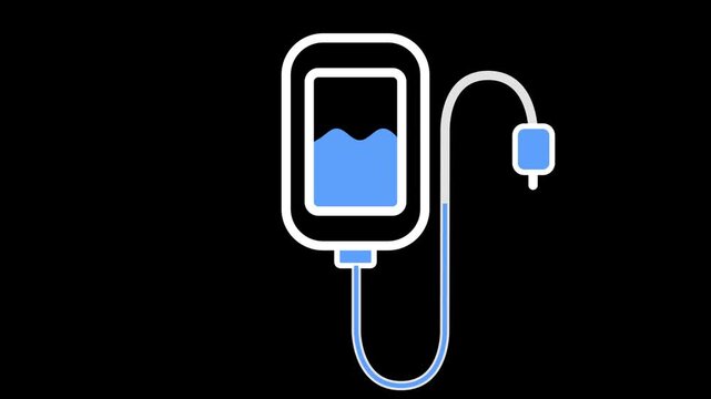 Animated medical IV drip bag icon with blue liquid dispensing drops through a tube against a black background.