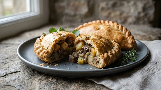 Cornish pasty with beef and potato filling, sliced open on plate, traditional British pastry