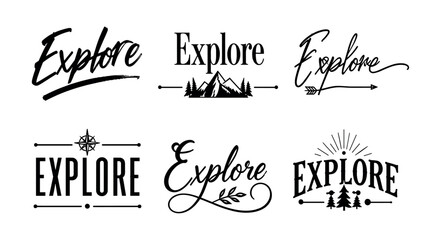 Collection of diverse "Explore" typography designs with outdoor adventure motifs © UnIcons