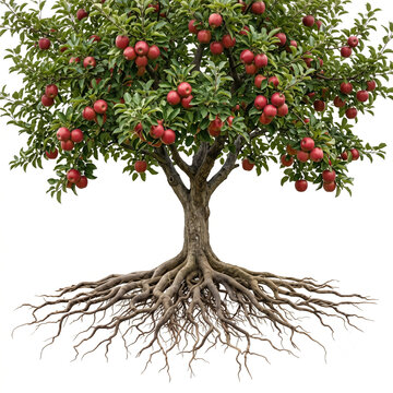  Jonathan apple tree, mature full tree bearing ripe apples, exposed visible roots, 11 square ratio, isolated on seamless pure white background, ultra realistic botanical photography