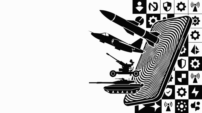 Conceptual illustration of cyber warfare and military technology emerging from a smartphone as a tool for propaganda, disinformation, and hybrid war.