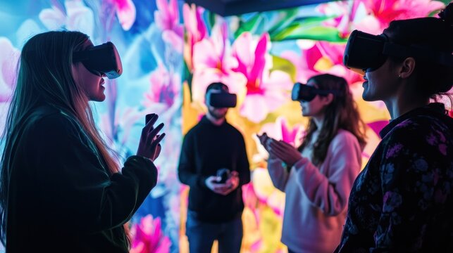 Friends experiencing virtual reality together, colorful background.