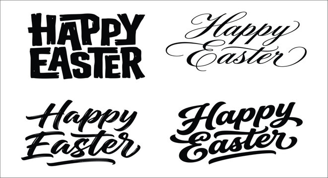 Four variations of a happy easter lettering design in black brushstroke and script styles alphabet