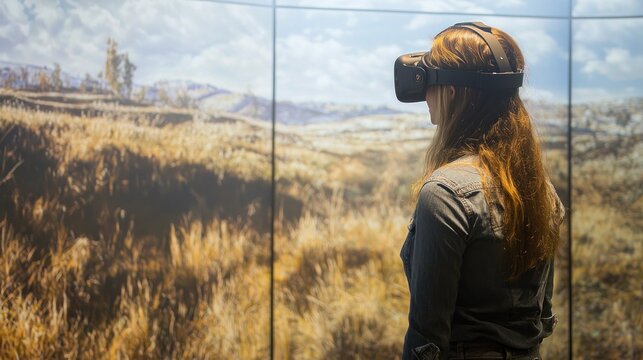 Woman experiencing virtual reality landscape.