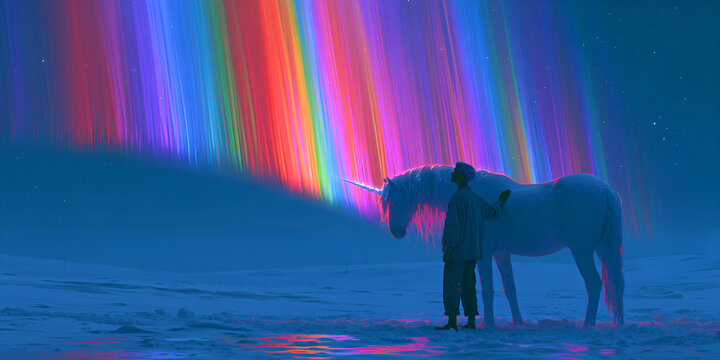 The Unicorn That Walks Beneath a Rainbow Sky as Dreamlight Falls Around a Lone Wanderer, ai generated.