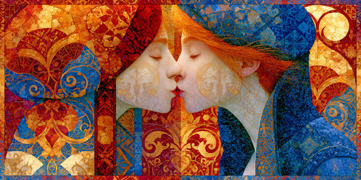 The Moment Where Two Souls Meet in Color as Patterns Weave Their Intimate Harmony, ai generated.