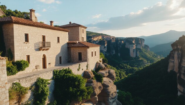 Ancient meteora monastery perched on Steep cliffs in Greece