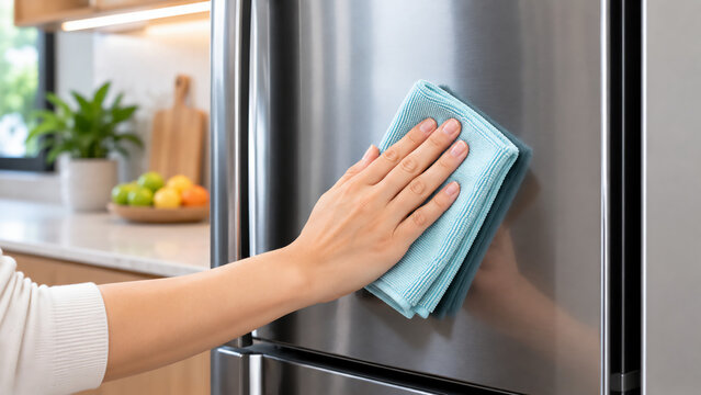 A person cleans a stainless steel refrigerator door with a blue microfiber cloth in a bright kitchen setting.