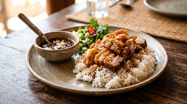 crispy pork belly moo krob served over white rice with dipping sauce on a rustic wooden table
