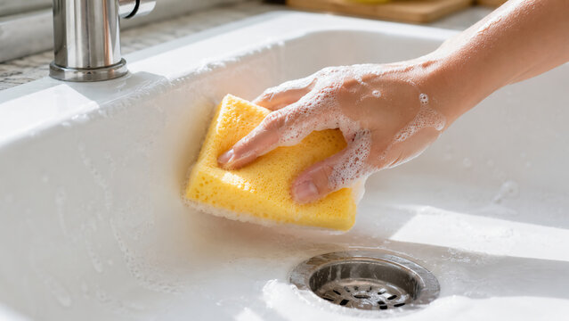 A hand cleaning a white kitchen sink with a yellow sponge covered in soapy bubbles.