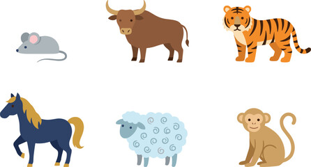 Cute flat design animal vector set featuring colorful cartoon mouse bull tiger horse sheep and monkey wild farm characters © mdhusne