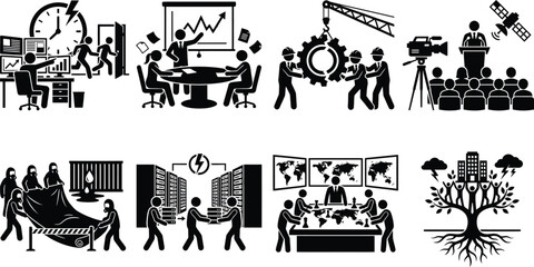 Obraz premium Business and Technology Silhouette Illustrations Showing Strategy, Innovation, Teamwork, and Sustainability in Vector Style