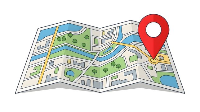 Folded paper city map with red location pin pointer isolated on white background. Flat vector illustration of navigation roadmap for travel destination and tourism concept.