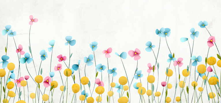 Art background with meadow flowers in various colors in a watercolor style. Botanical banner for decor, wallpaper, prints, textiles, posters, and interiors.