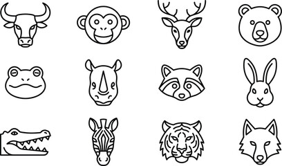 Minimalist animal face line icon vector set featuring bull monkey deer bear frog rhino raccoon rabbit alligator zebra tiger wolf © Jannatun
