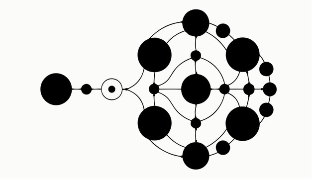Abstract black and white geometric pattern with interconnected circles and nodes