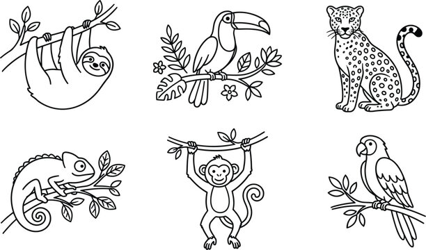 Cute tropical jungle animals line icon vector set featuring cartoon sloth toucan leopard chameleon monkey and parrot on tree branches