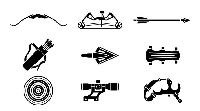 Archery equipment and target shooting icons set.