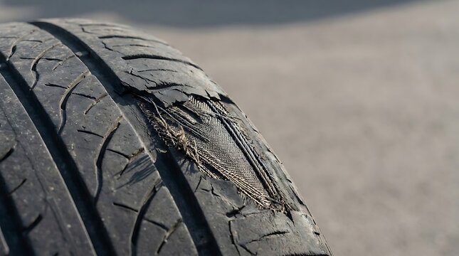 Close-up on a dangerously damaged car tire, revealing significant tread separation and severe wear, emphasizing road safety and the critical necessity for prompt replacement