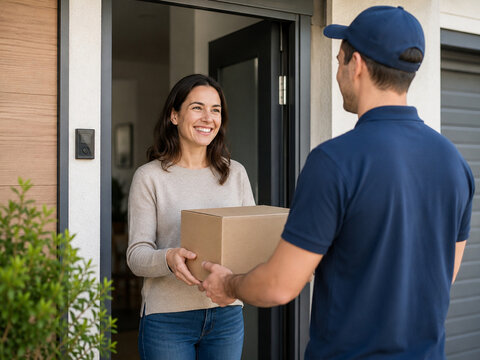 Friendly courier handing a cardboard parcel to a smiling woman at the front door of a modern home during residential delivery.