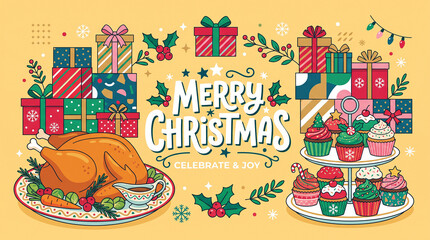 Naklejka premium Vibrant Merry Christmas illustration with turkey and festive gifts perfect for cheerful holiday greeting cards and seasonal event promotions