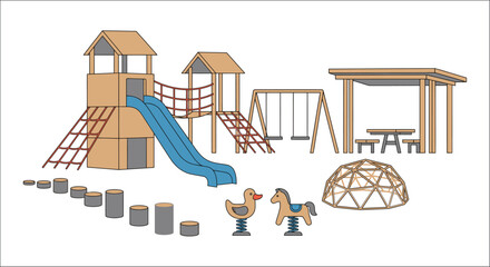 Playground equipment illustration with wooden structures blue slide and geometric dome on a white background © vectors home