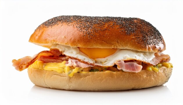 front view of scrumptious new jersey pork roll egg and cheese sandwich on a bagel food photography style isolated on a white white background