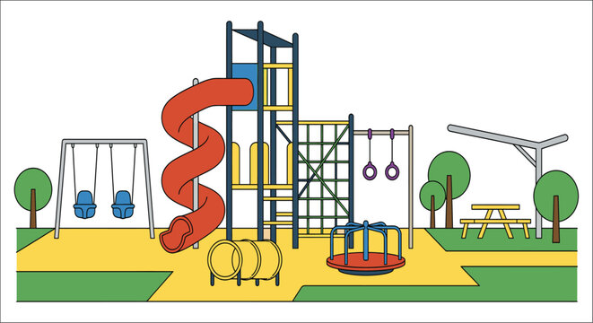 Playground equipment vector illustration with swings slides and climbing structures on a white background slide