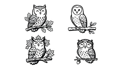 Naklejka premium Hand drawn owl line art icons set with autumn leaves and branches