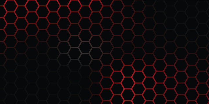 Futuristic abstract background featuring a red gradient hexagon mesh pattern on a dark black backdrop.