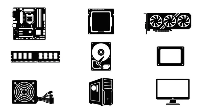 Desktop PC components and hardware icons set.