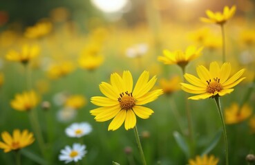 Obraz premium Field of blooming yellow Coreopsis lanceolata flowers. Bright sunlit meadow with green grass and scattered white daisies. Nature backdrop for summer themes.