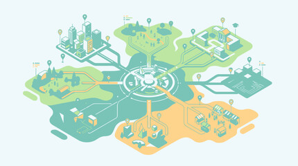 Naklejka premium Isometric smart network illustration connecting urban, rural, and industrial zones to a central hub, global infrastructure, data flow, and integrated systems.