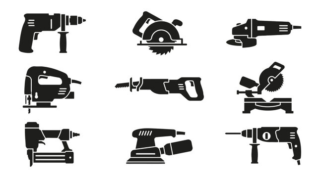 Industrial power tools and carpentry workshop equipment icons.