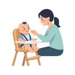 Obraz premium Mom wipes baby's mouth while feeding in a bright kitchen during daytime