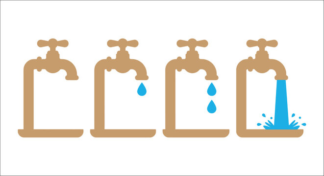 Four Faucets In A Row Flat Vector Illustration With Varying Water Flow faucet taps valve