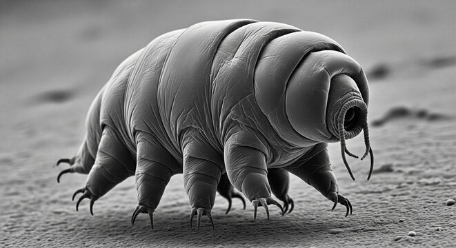 Close-up microscopic view of a pill bug or woodlouse crawling on textured surface