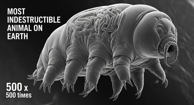 Close-up microscopic view of indestructible tardigrade under 500x magnification showing resilient anatomy