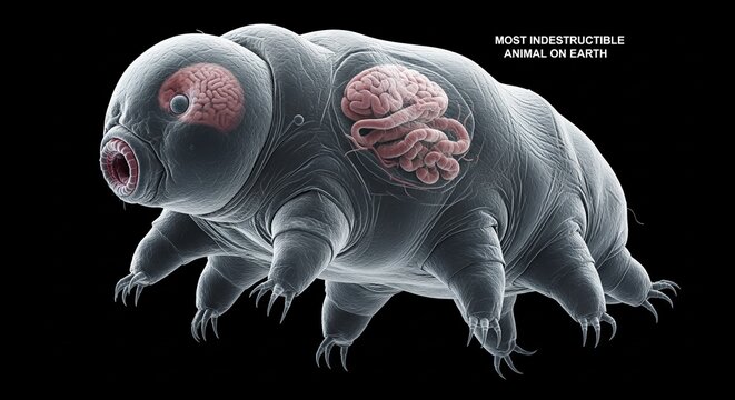 Close-up 3D illustration of a water-resistant tardigrade under microscope with brain details exposed
