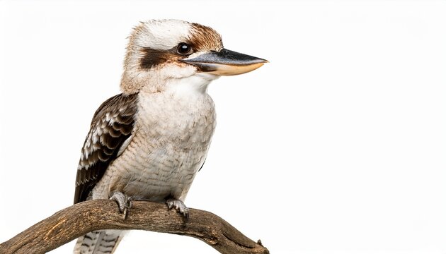 front view of a kookaburra perched on a branch for australia day isolated on a white white background