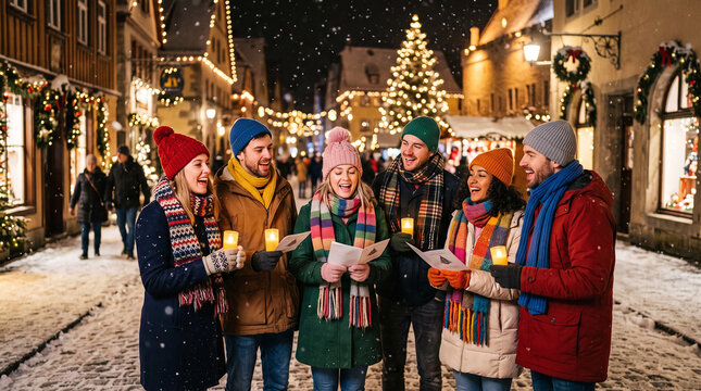 Happy carolers singing in snowy winter village street perfect for festive holiday community concepts and joyful seasonal event advertising
